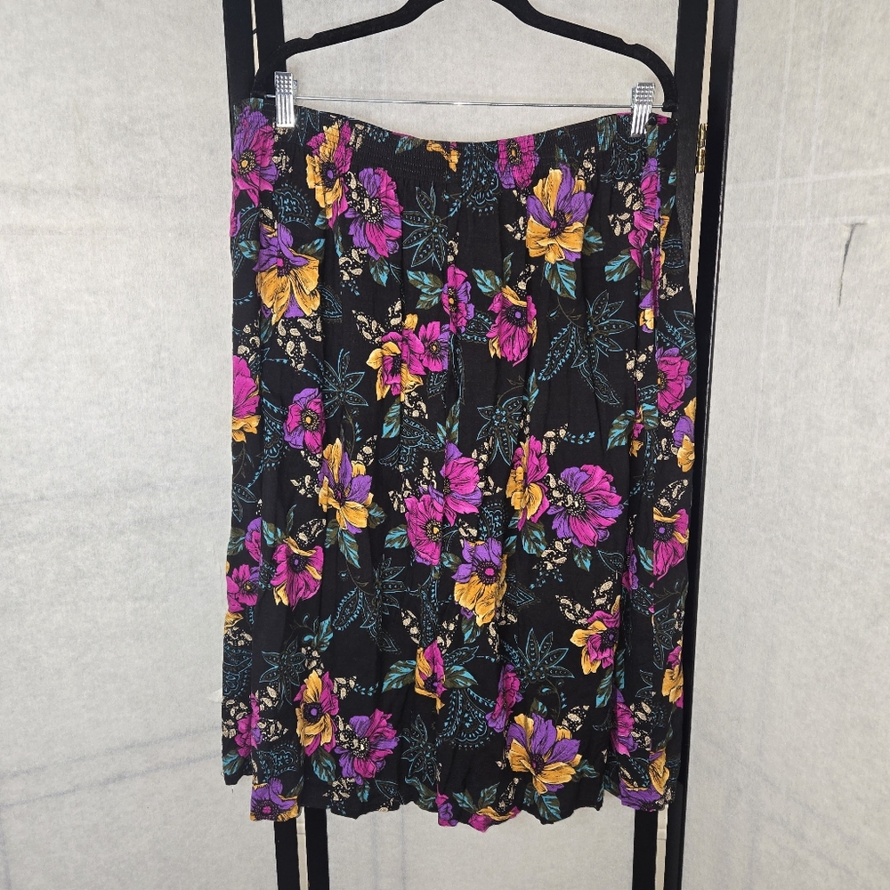 Vintage 90s Plus Size Black Purple Pink Floral Pleated Midi 1x Skirt Cottage